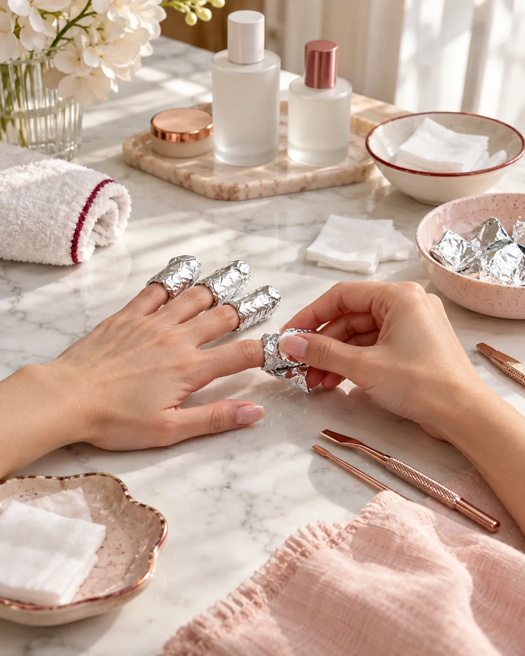 Hands wrapping a fingernail in foil beside other foil-covered nails, cotton pads, and manicure tools on a marble counter.