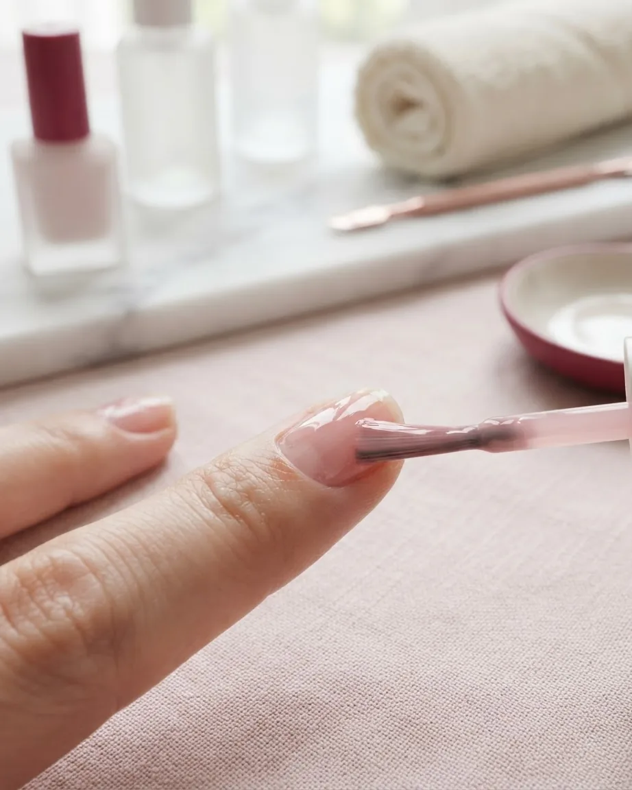 A brush applies translucent pale pink polish to a natural fingernail on a pink work surface.
