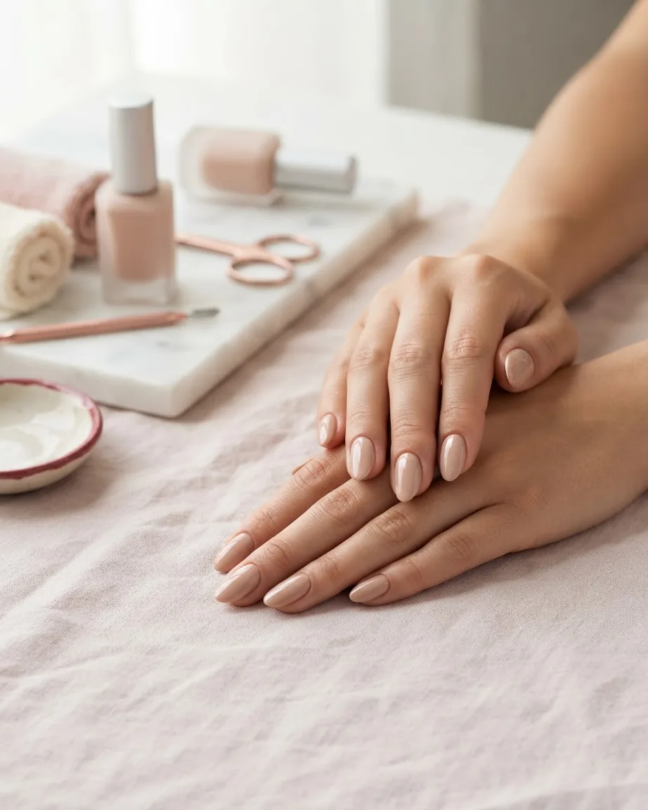 Two manicured hands with glossy nude-pink nails rest beside unbranded nail-care tools and polish.