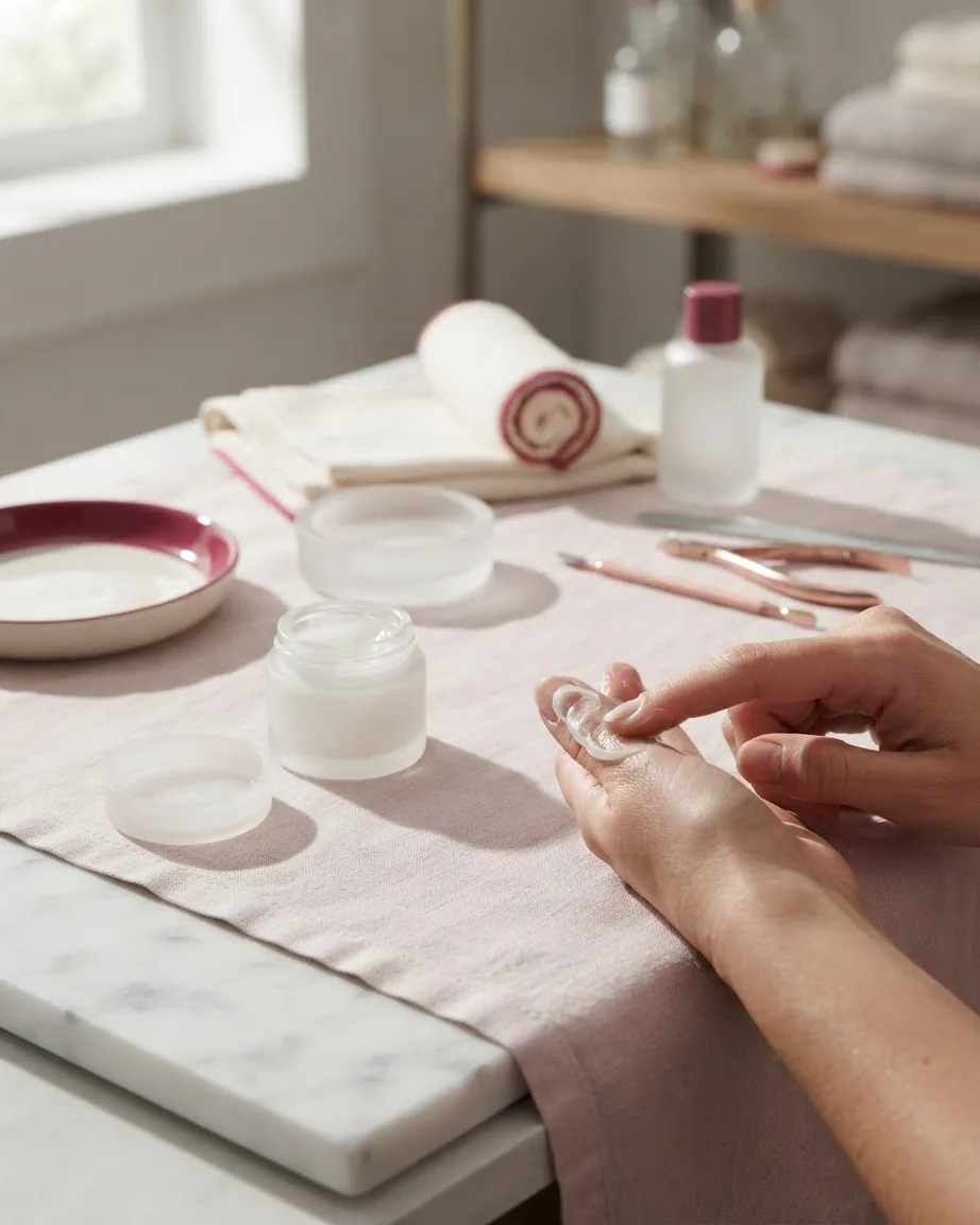 Hands apply cream around a fingernail beside cotton, jars, and manicure tools.