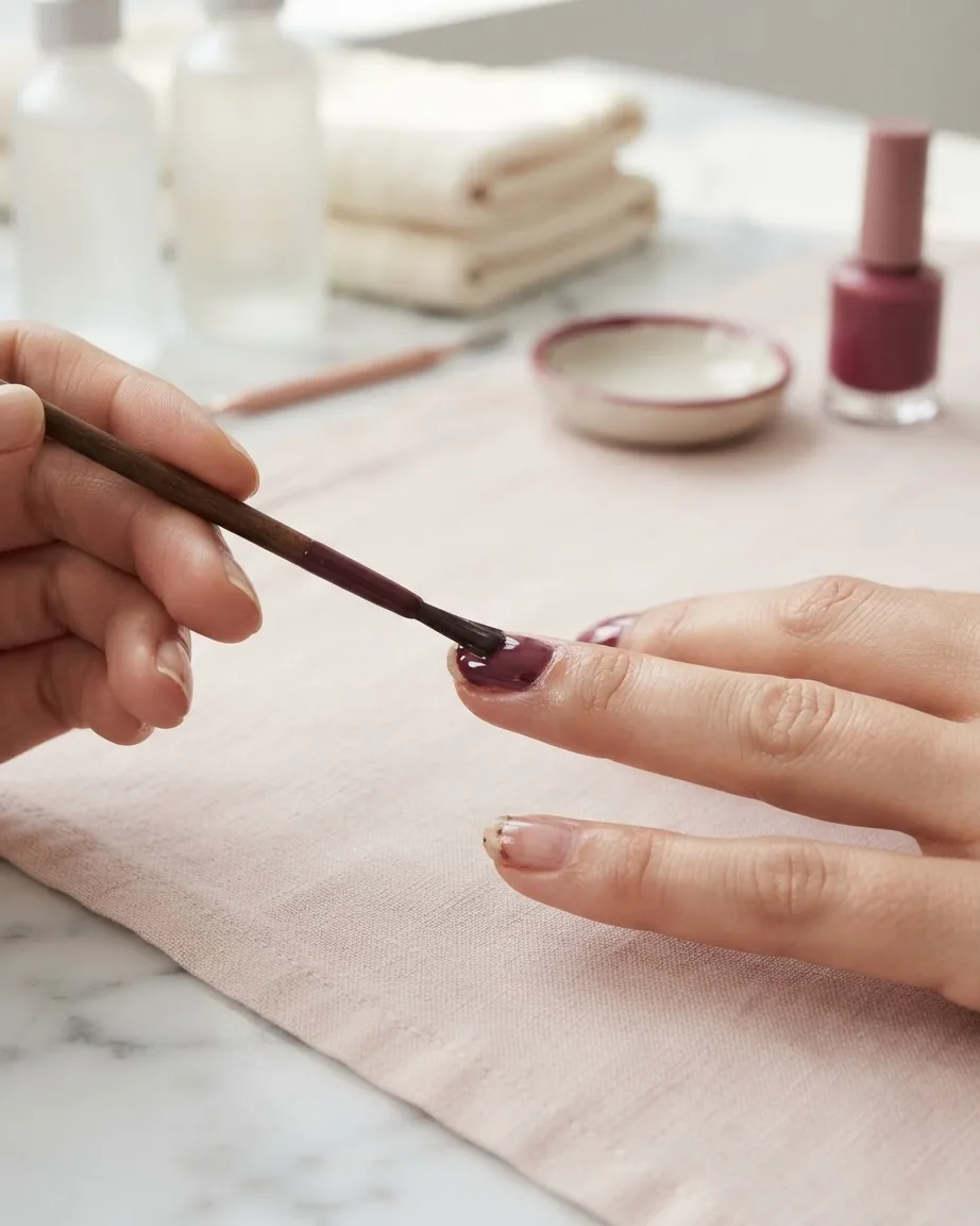 A hand applies dark burgundy nail polish with a small brush to a fingernail on a pale cloth-covered table.