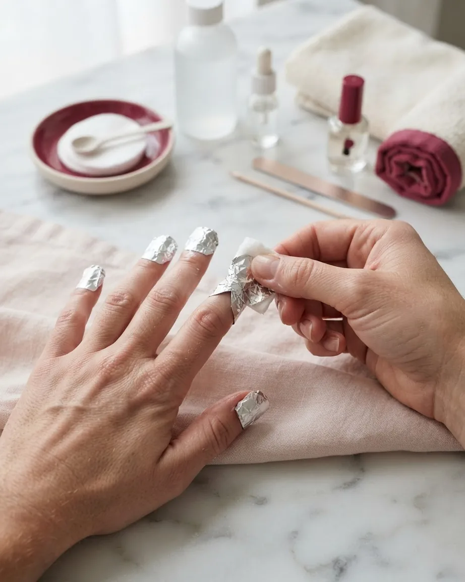 Hands wrap aluminum foil around a cotton-covered fingernail on a towel beside nail care bottles and tools.