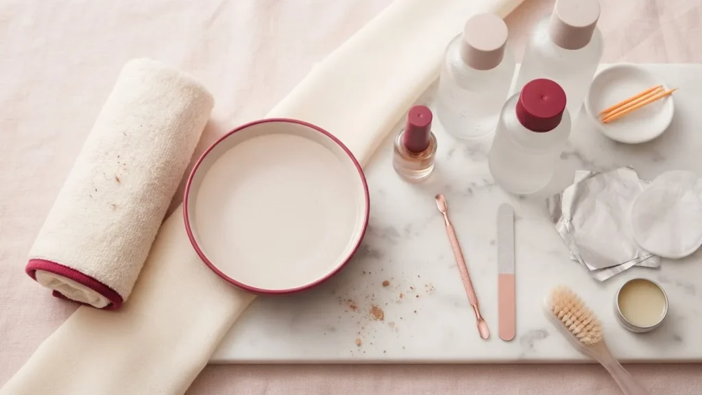 Overhead arrangement of a soaking bowl, nail file, cuticle pusher, cotton pads, bottles, and towel on a marble tray.