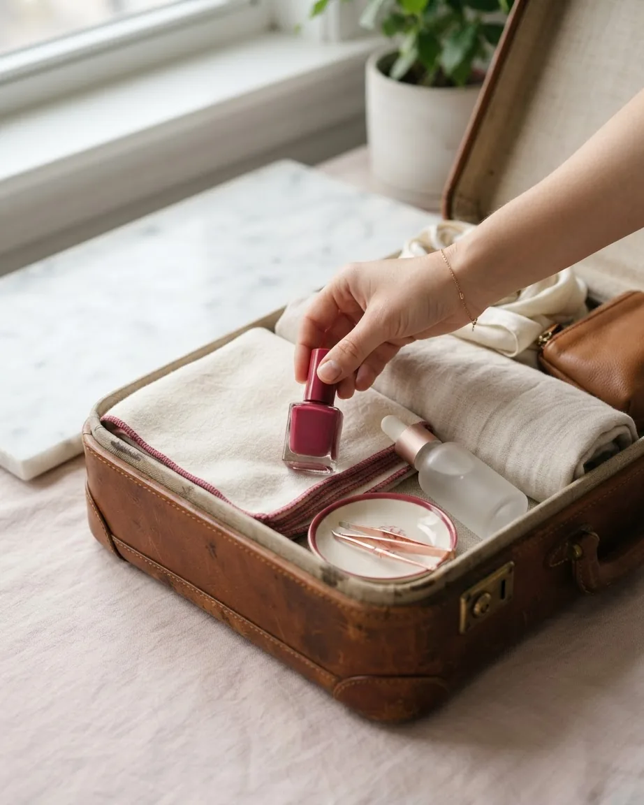A hand places a pink nail polish bottle into an open brown suitcase packed with folded clothes and toiletries.