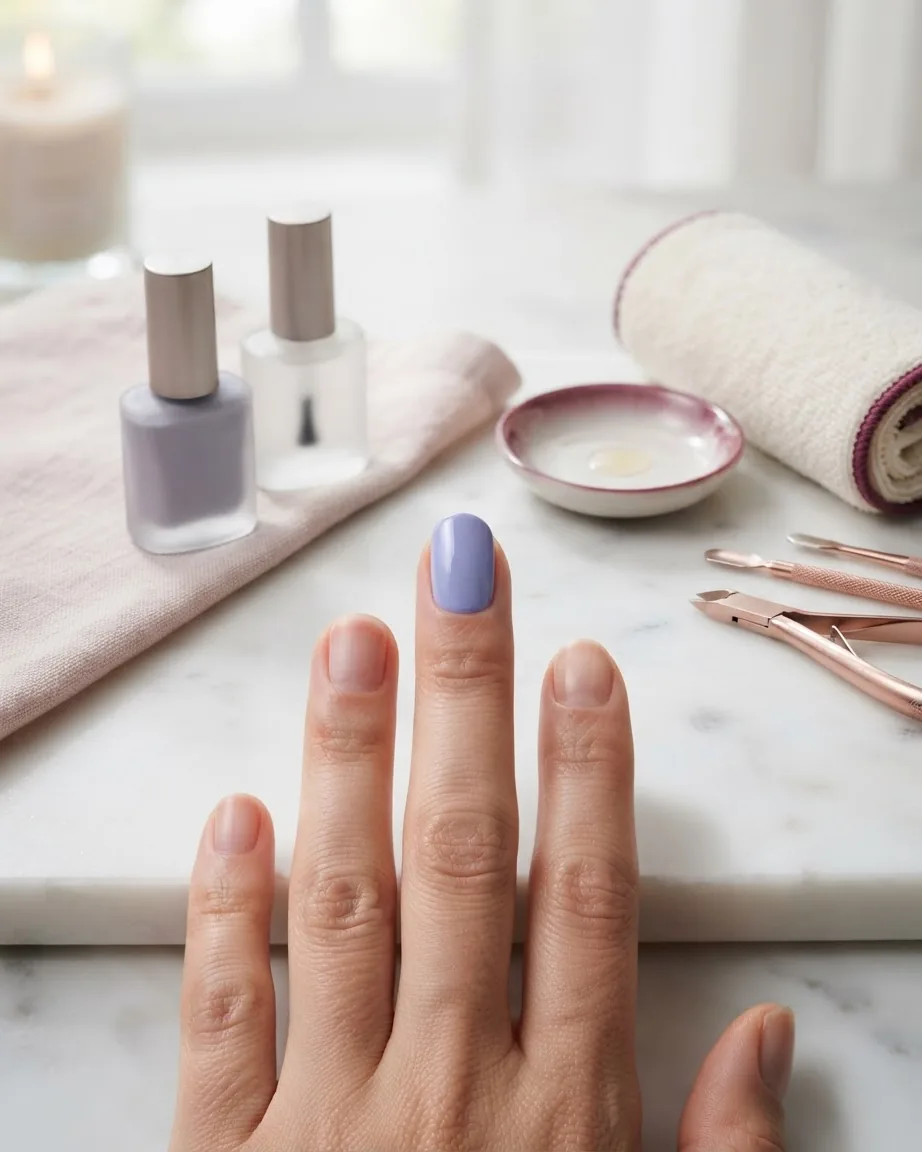 A hand with one fingernail painted cool lavender purple rests beside nail polish bottles and manicure tools.