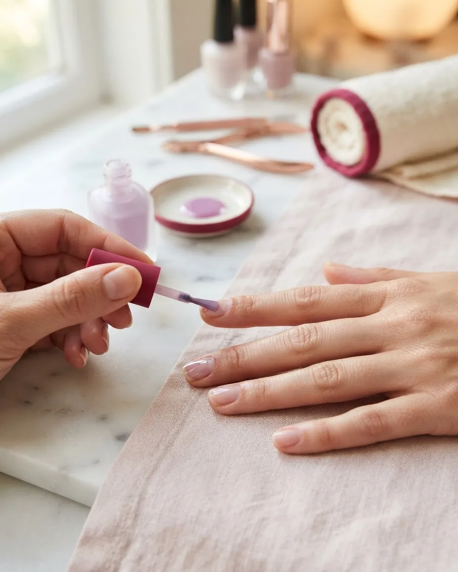 A hand applies sheer lavender nail polish to a natural fingernail beside an open polish bottle on a marble table.