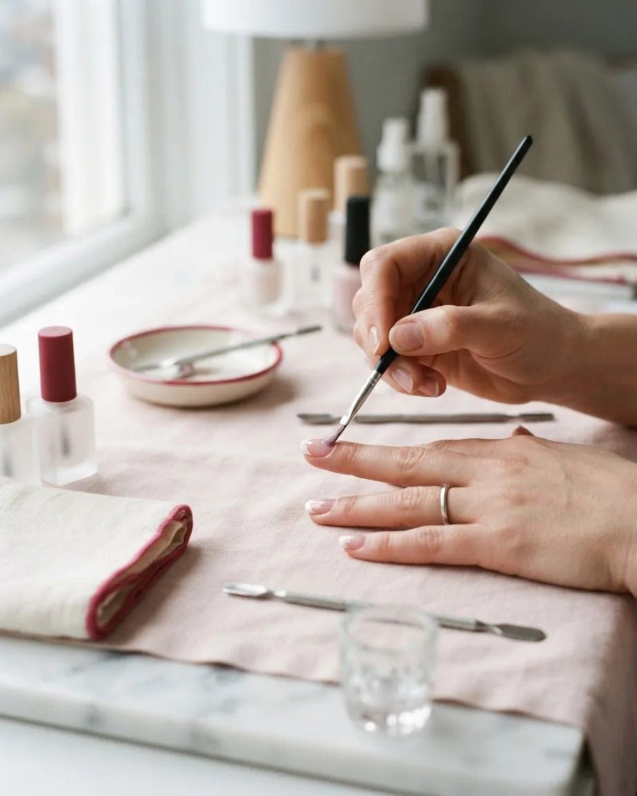 Hands applying pale pink nail polish with a fine brush over French-tipped nails at a manicure table.