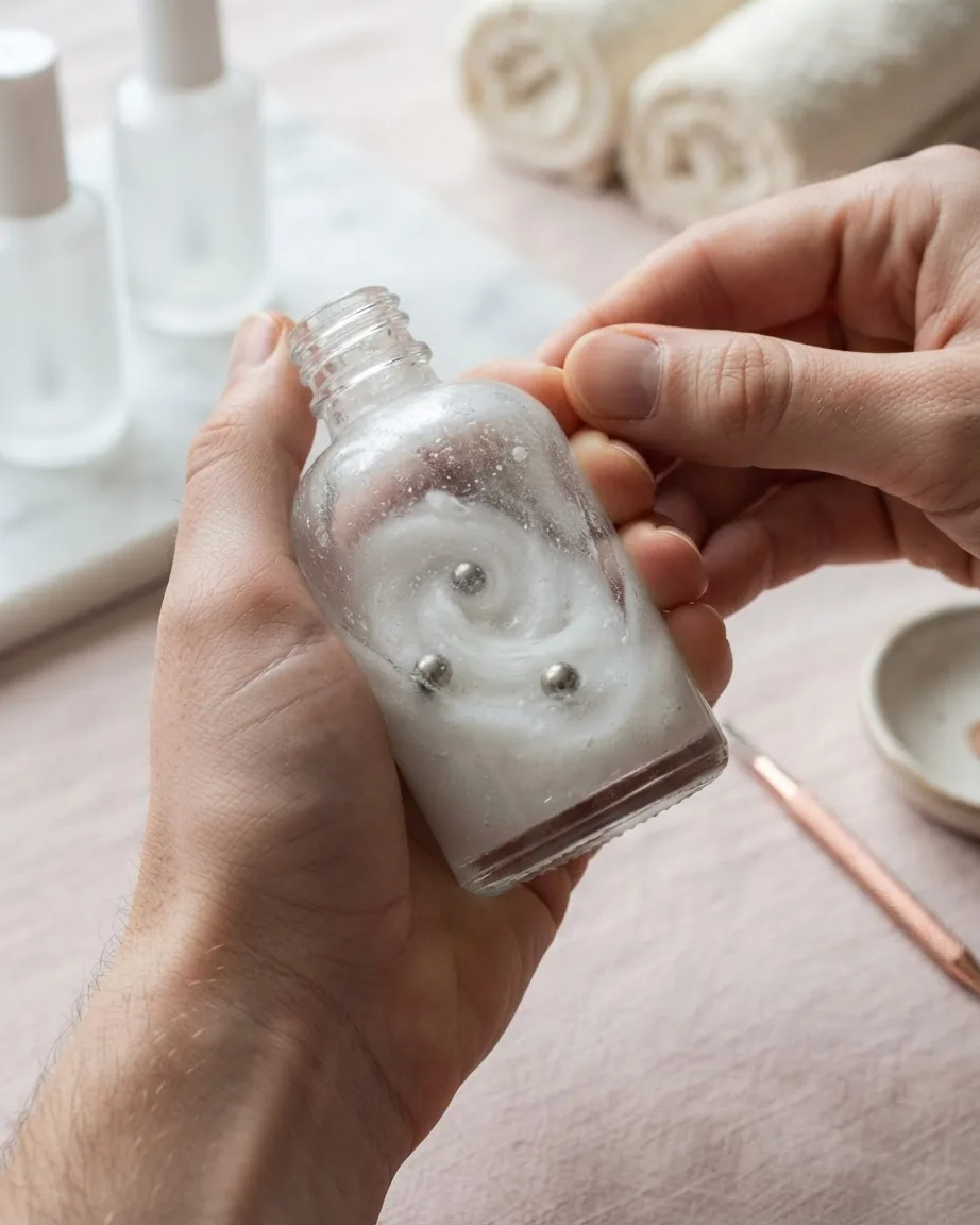 Hands hold a clear bottle containing cloudy white liquid and small metal mixing balls.