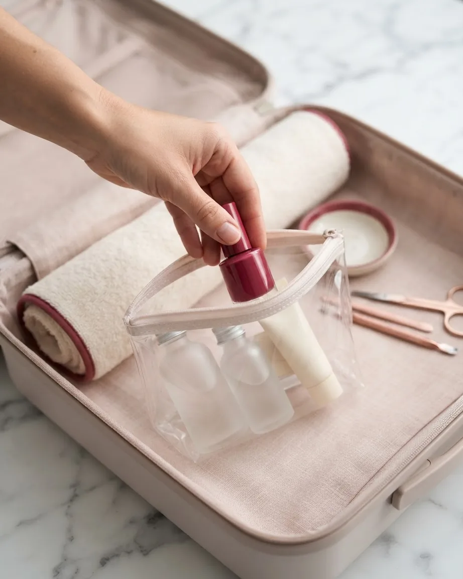 A hand places a burgundy nail polish bottle into a clear toiletries bag inside an open suitcase with rolled towels.