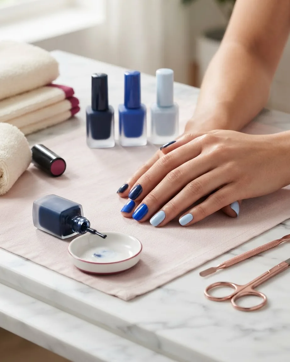Hands with nails painted navy, cobalt, and icy baby blue rest beside polish bottles and manicure tools.
