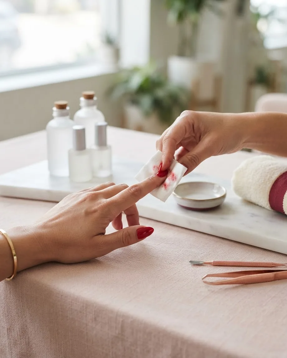 Hands wipe red nail polish from a fingernail with a cotton pad on a manicure table with bottles and tools.
