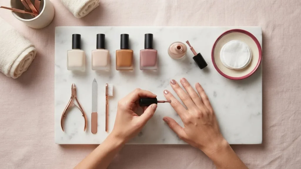 Hands apply nude nail polish beside neutral polish bottles and manicure tools on a marble surface.