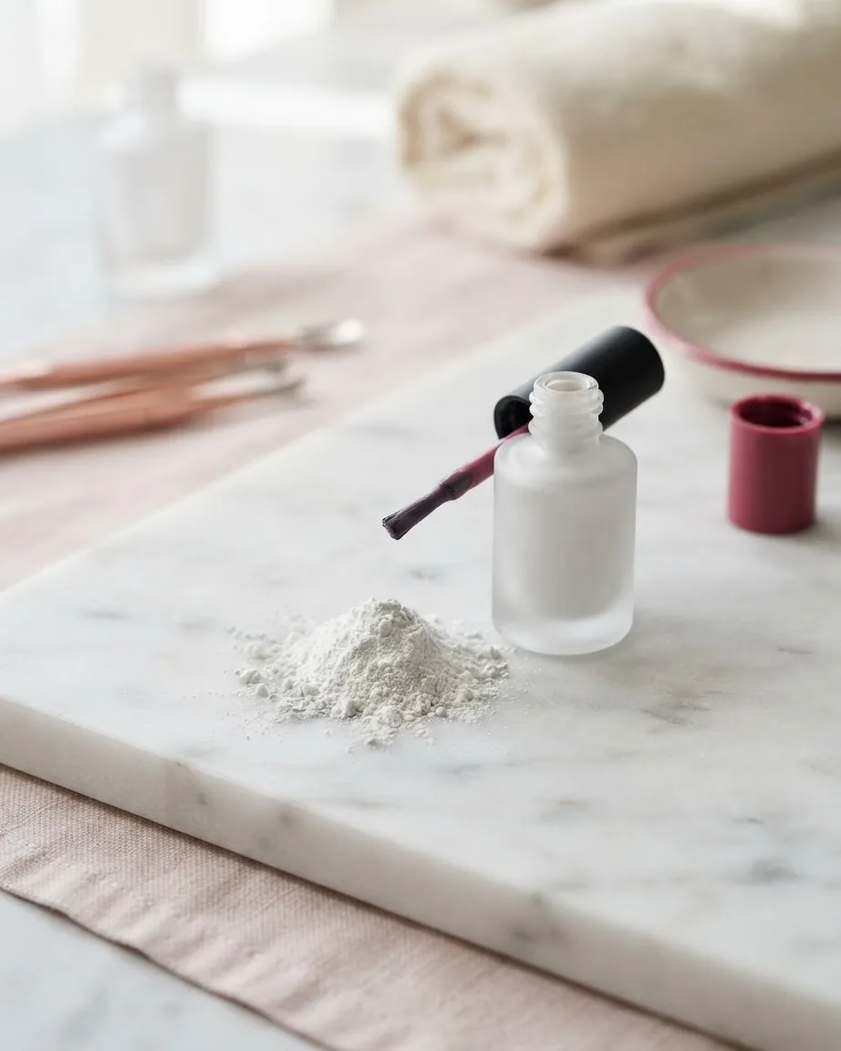 Open matte nail polish bottle and brush beside a small pile of fine white powder on marble.