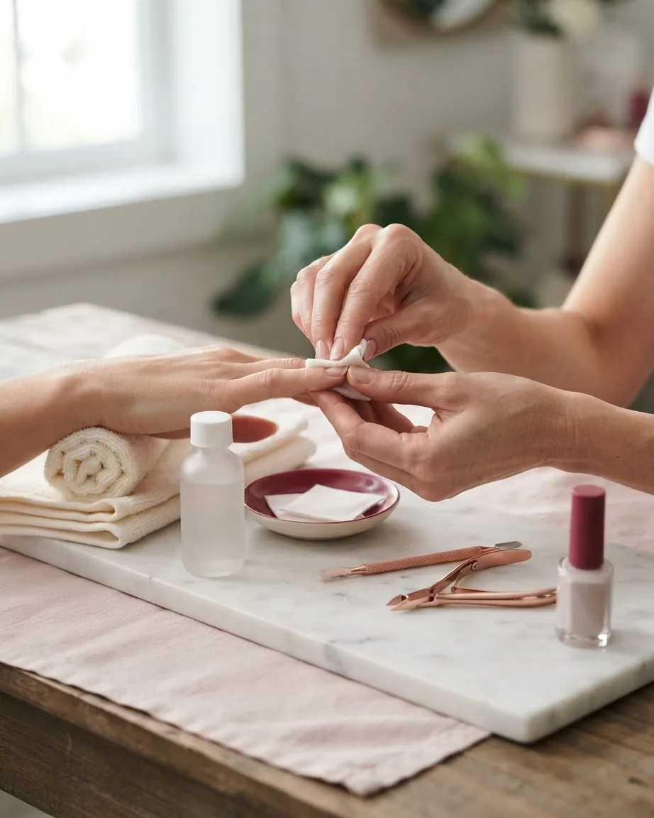 Hands wipe a natural fingernail with a cotton pad beside manicure tools, towels, and nail polish on a table.