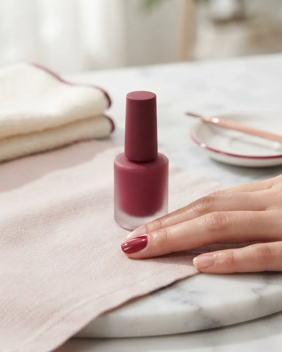 An unlabeled mauve nail polish bottle sits beside a hand with one glossy, freshly painted fingernail on a pink cloth.