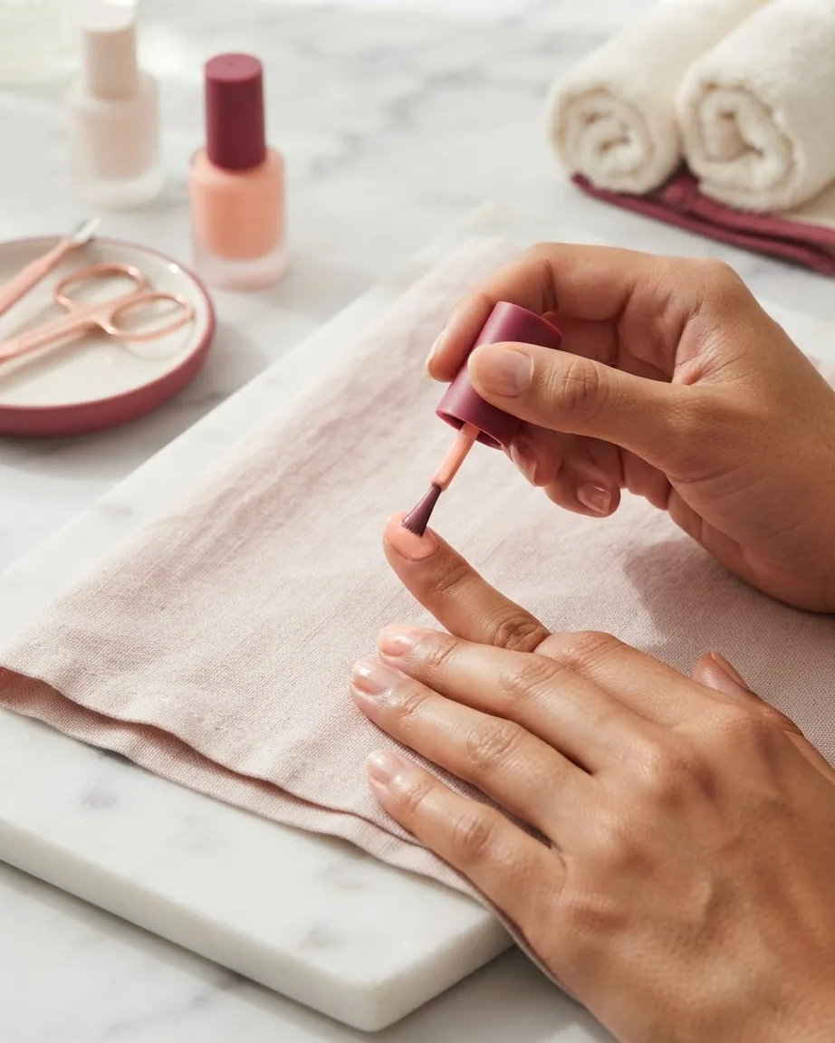 Hands applying peach pastel nail polish to a fingernail on a pink cloth, with polish bottles and manicure tools nearby.
