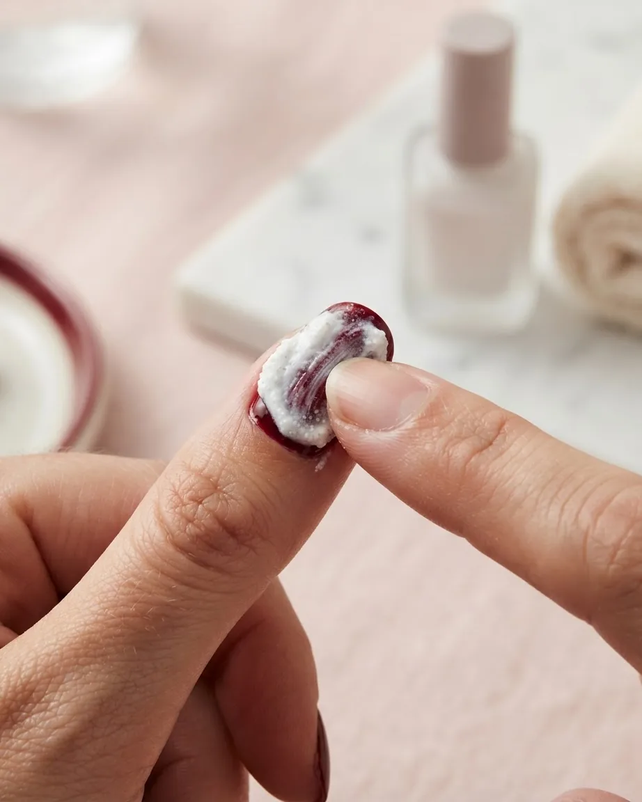 Close-up of fingers rubbing white toothpaste over a dark red painted fingernail, with nail care products blurred behind.