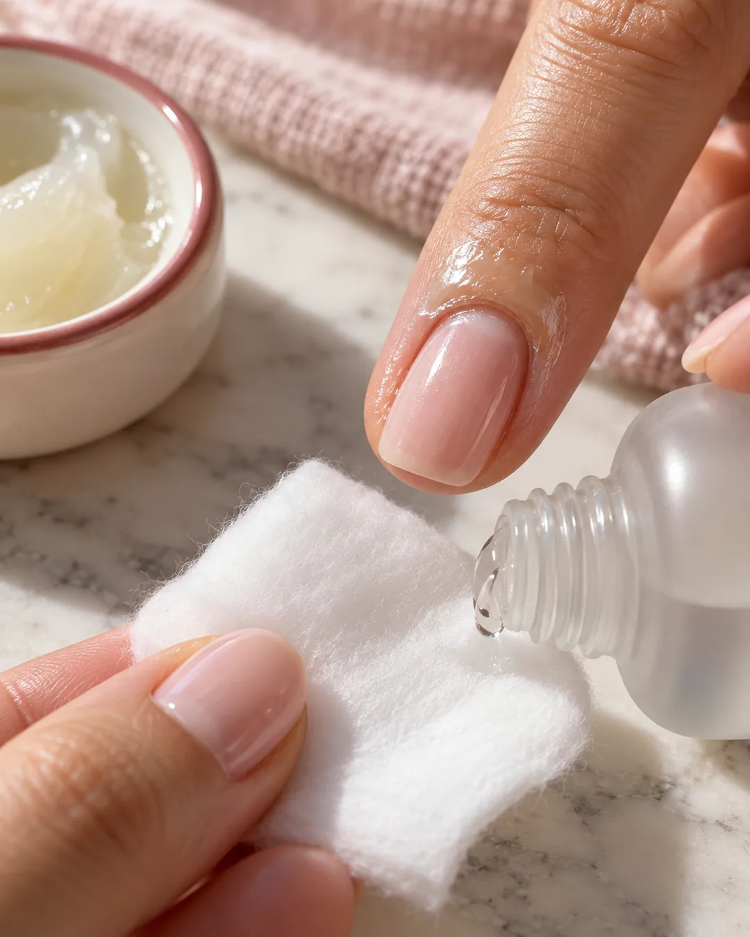 Close-up of a fingertip with glossy jelly around the nail beside a cotton pad, bottle, and small bowl.