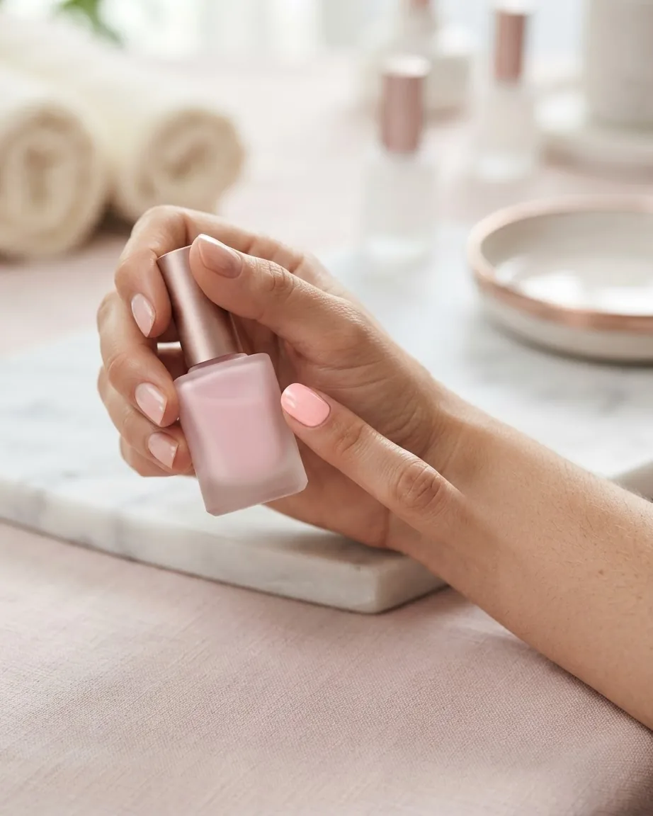 Hands hold a frosted bottle of pale pink nail polish beside a glossy peach-pink fingernail on a marble surface.