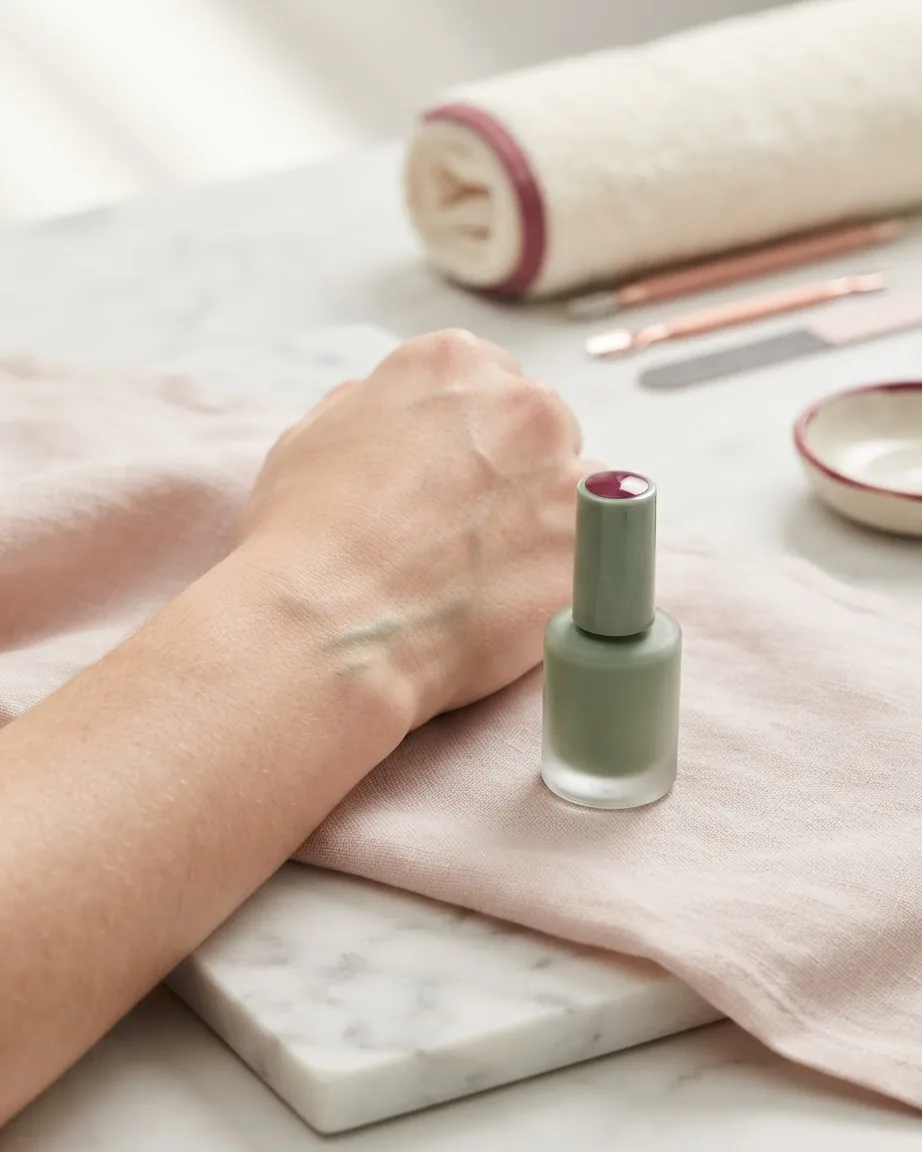 A hand and forearm rest on a pale cloth with visible wrist veins beside a sage green nail polish bottle on a marble surface.