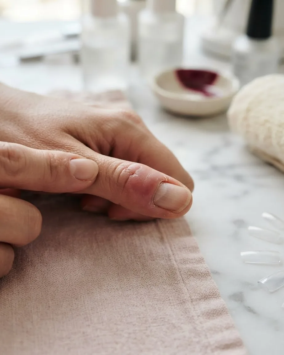 A hand gently points to a swollen, reddish fingertip beside nail care supplies on a marble surface.