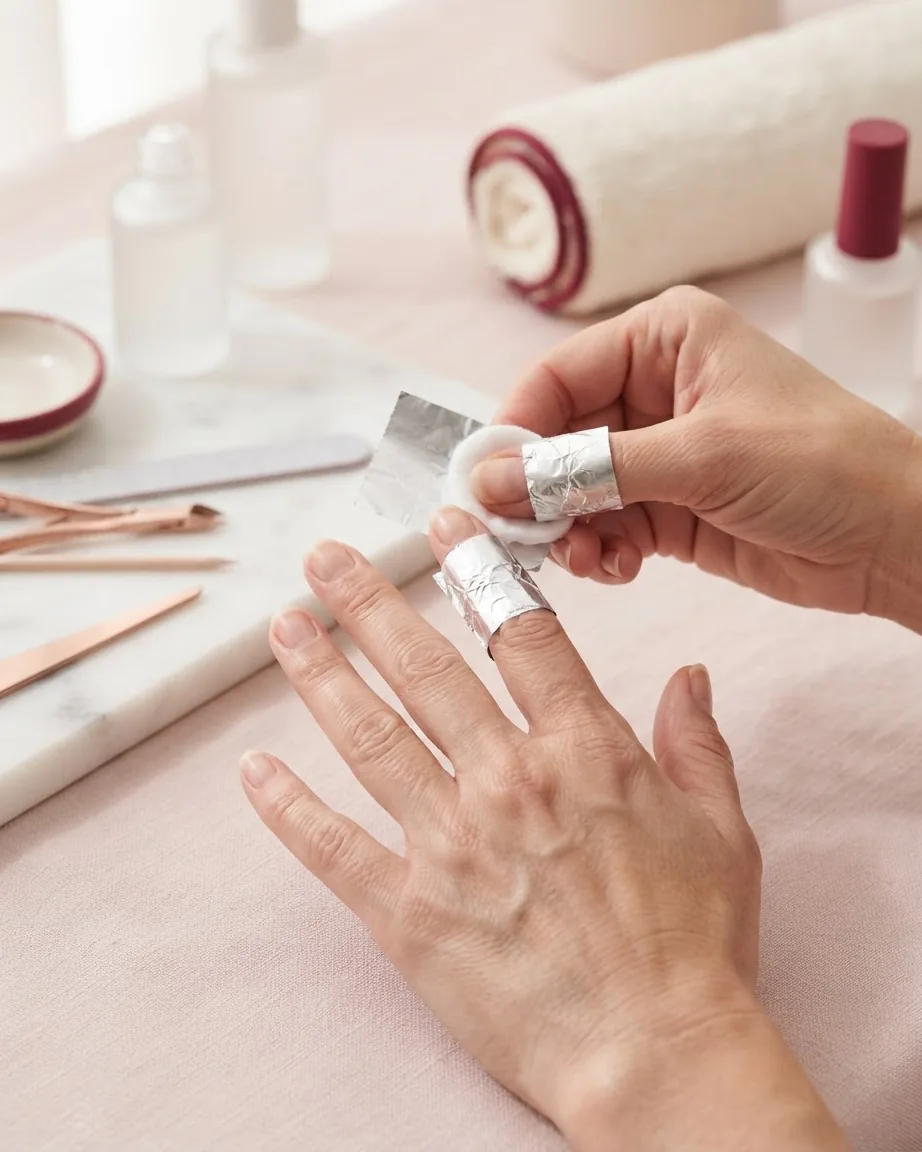 Hands press a cotton pad and silver foil around fingernails on a pale pink manicure table with nail tools.