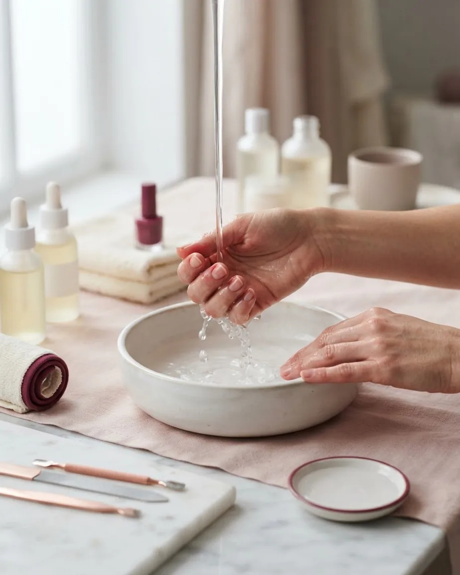 Hands rinsing under a stream of water into a ceramic bowl, surrounded by nail polish, skincare bottles, and towels.