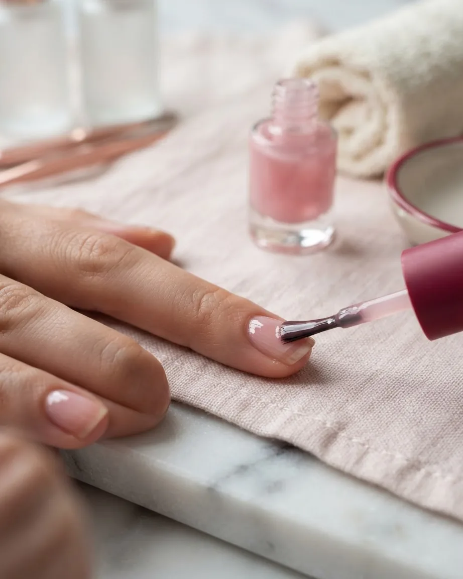 A brush applies pale pink nail polish to a fingernail, with an open polish bottle and folded towel in the background.