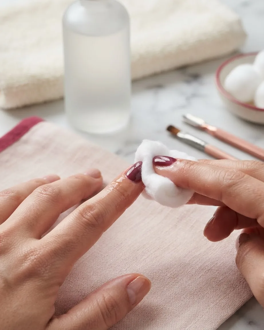 Hands press a white cotton pad onto a burgundy gel-coated nail, with a frosted bottle and manicure tools nearby.
