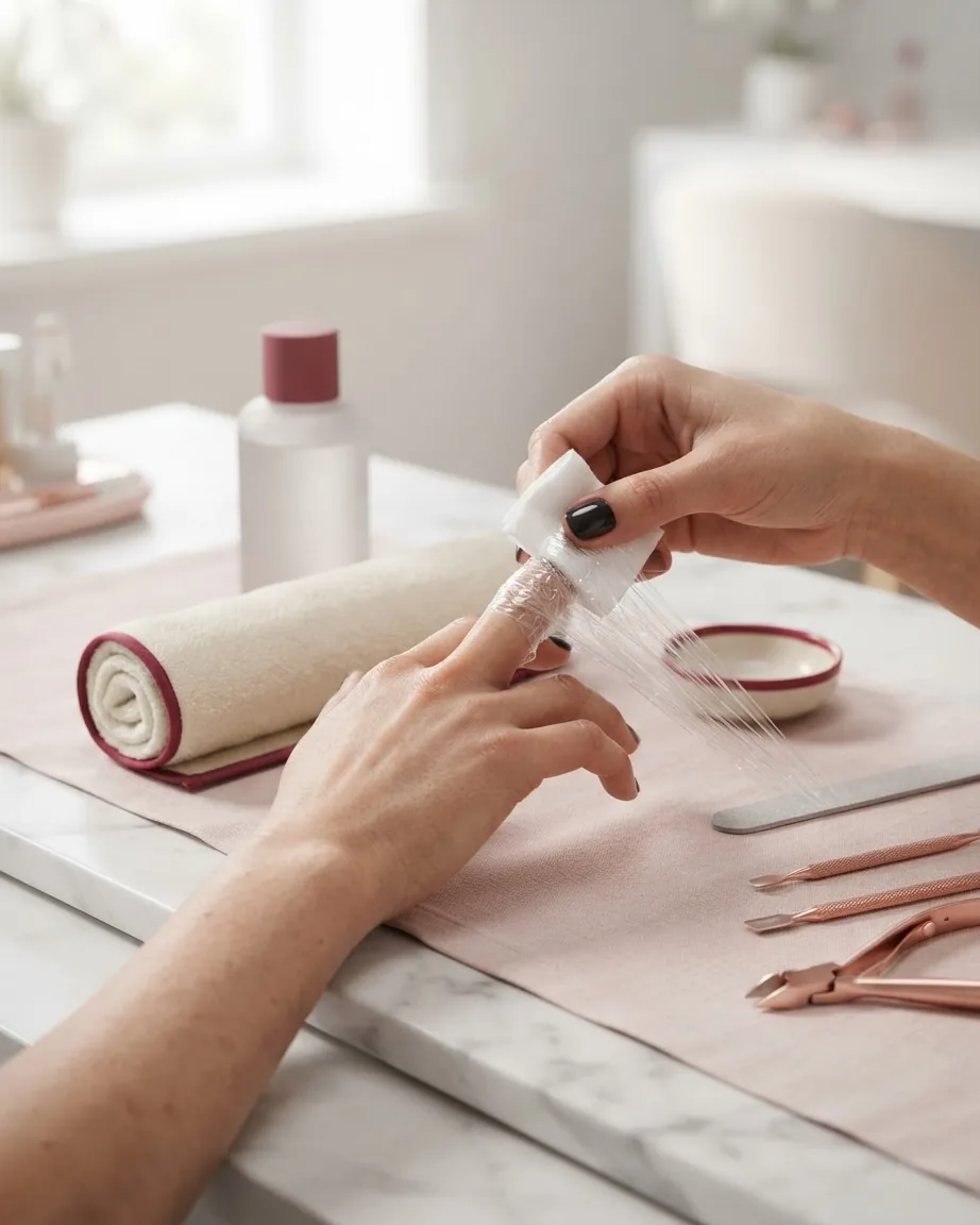Hands wrap a fingernail with clear plastic film and white cotton beside manicure tools and a rolled towel.
