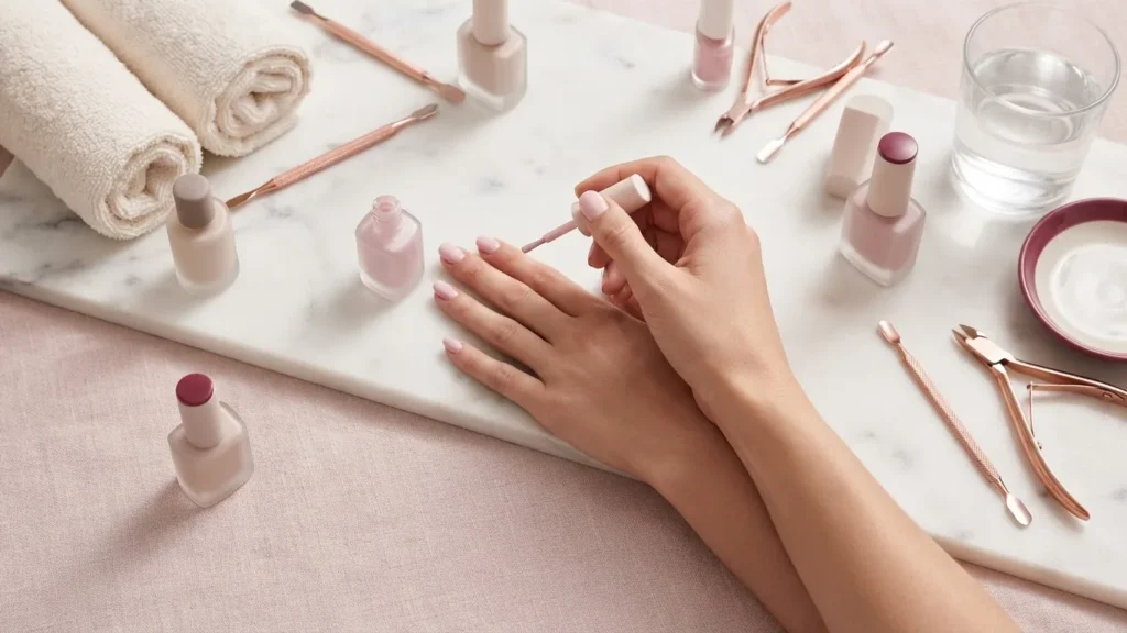 Hands applying pale pink nail polish on a marble surface surrounded by pastel polish bottles, towels, and manicure tools.