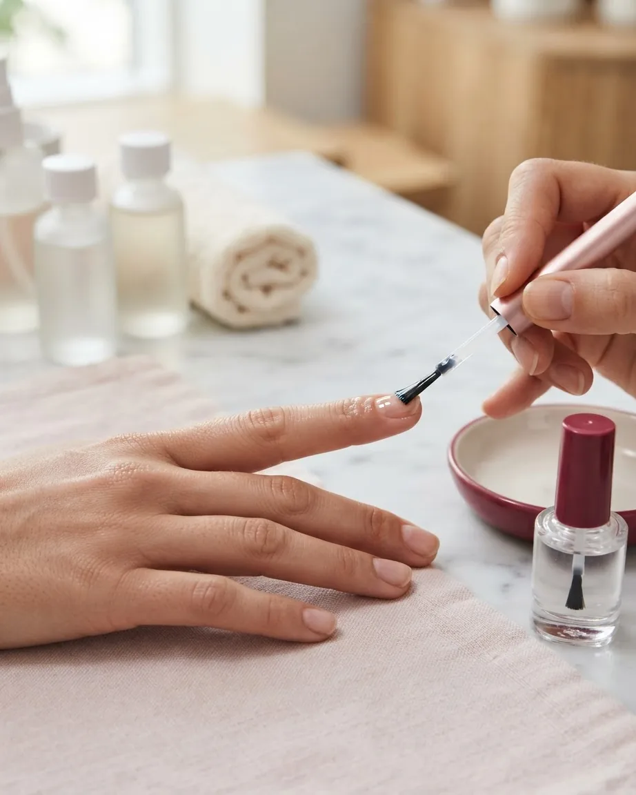 A hand applies clear base coat to a natural fingernail with a brush beside a polish bottle and rolled towel.