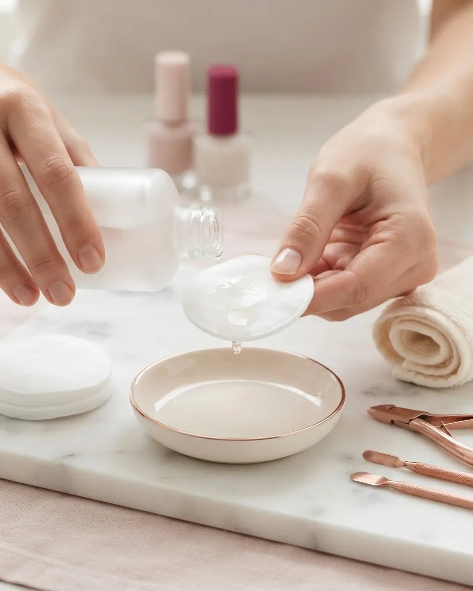 Hands pour liquid nail polish remover onto a cotton pad above a bowl, beside manicure tools and nail polish bottles.