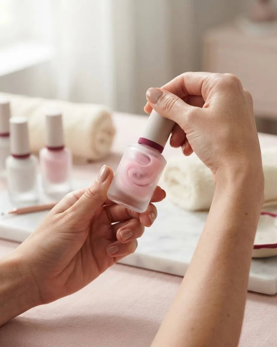 Two hands hold a pale pink nail polish bottle above a vanity with other polish bottles and rolled towels.