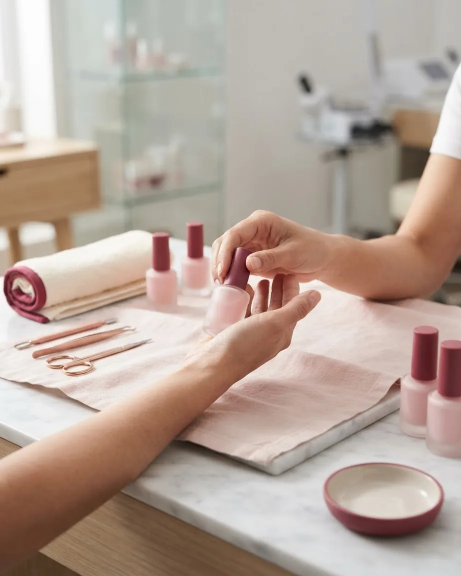 Two hands hold a pale pink nail polish bottle above a manicure station with tools and bottles.