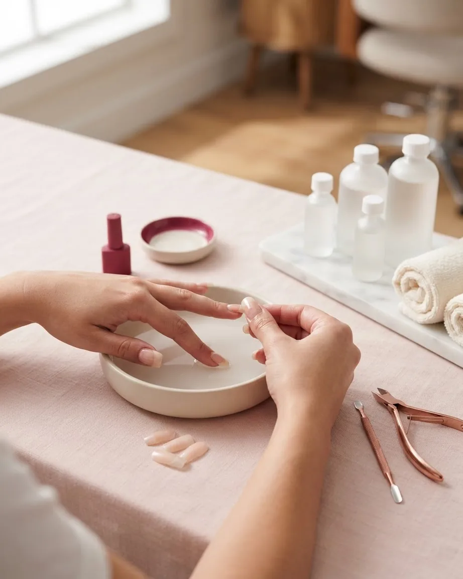 Hands gently work on an acrylic-tipped fingernail above a bowl of liquid, surrounded by manicure tools and bottles.