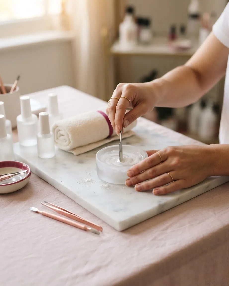 Hands stir white powder into a clear liquid in a small bowl beside manicure tools and bottles.