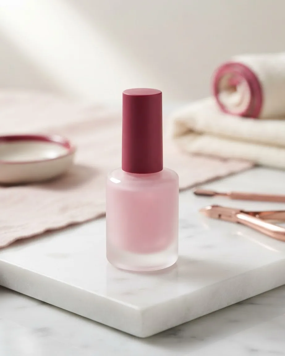 A frosted pink nail polish bottle with a burgundy cap sits on a marble tray beside manicure tools and folded towels.