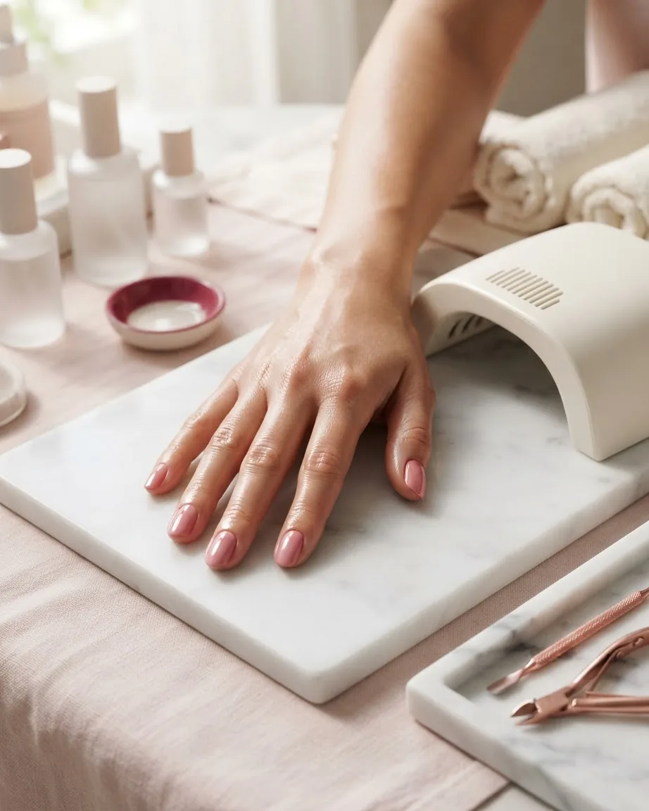 A hand with glossy pink nails rests on a marble surface beside a white nail dryer, polish bottles, and manicure tools.