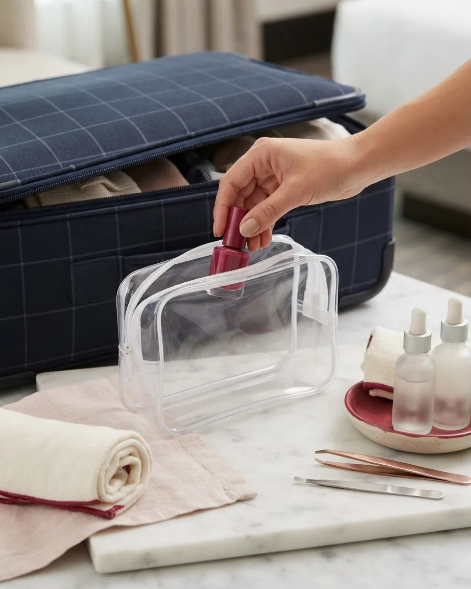 A hand places a red nail polish bottle into a clear toiletry bag beside an open navy suitcase and grooming supplies.