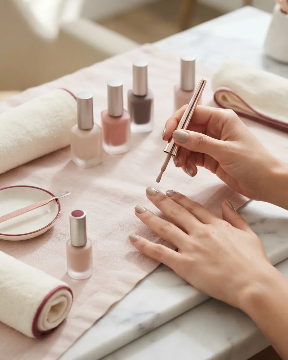 Hands apply beige nude nail polish beside several neutral-toned polish bottles and folded towels.