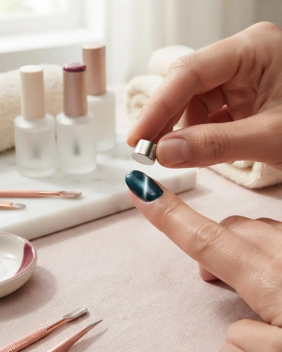 Hands hold a small silver magnet above a glossy teal cat eye gel nail with a luminous curved stripe.