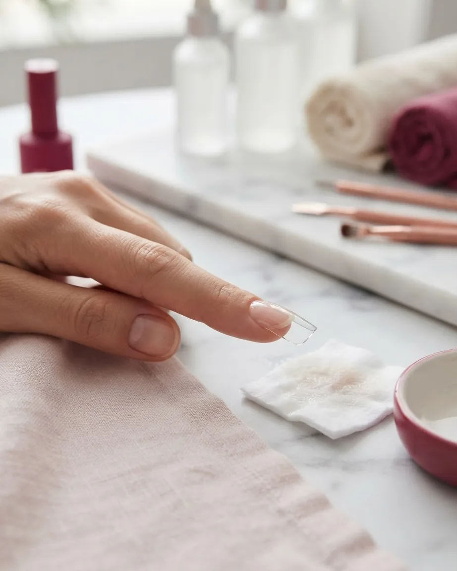 A hand with a clear full-coverage nail tip positioned over a fingernail beside a white pad and manicure tools.