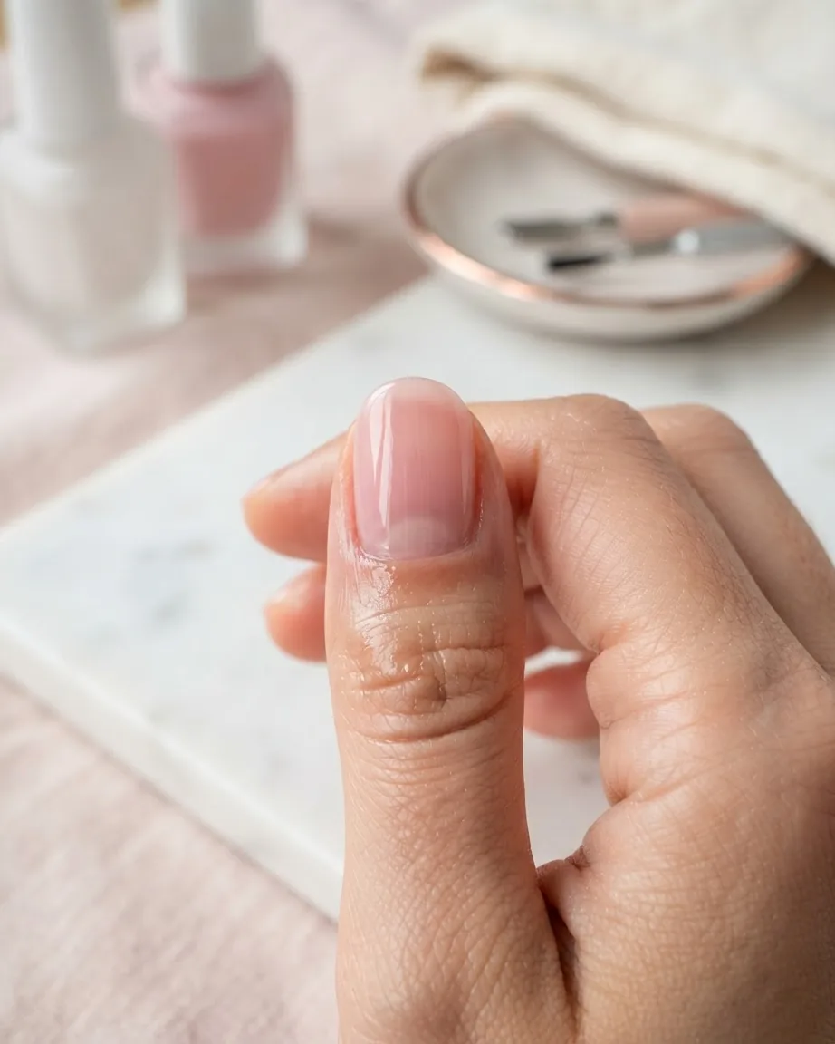 Close-up of a thumb with glossy translucent pink polish revealing the natural nail beneath.