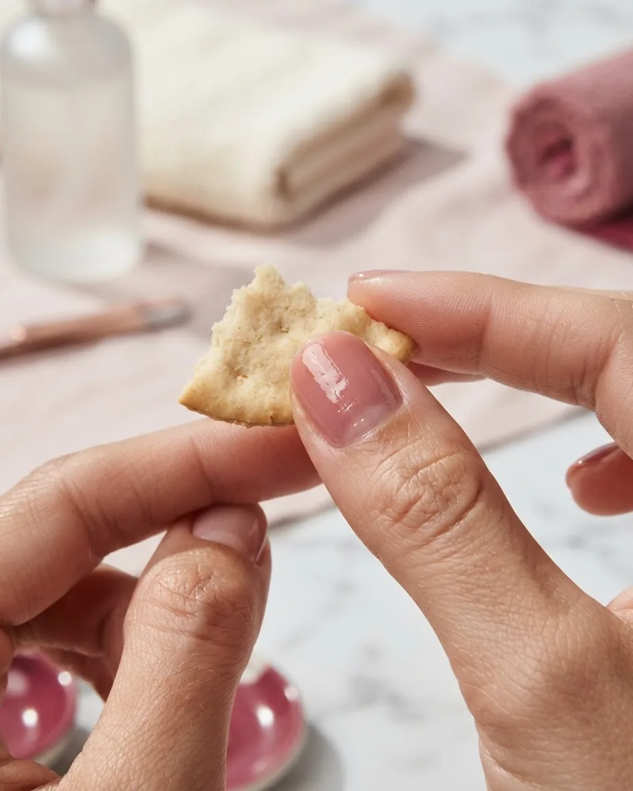 Close-up of hands with glossy pink nails holding a small piece of cracker over a pale tabletop with manicure items.