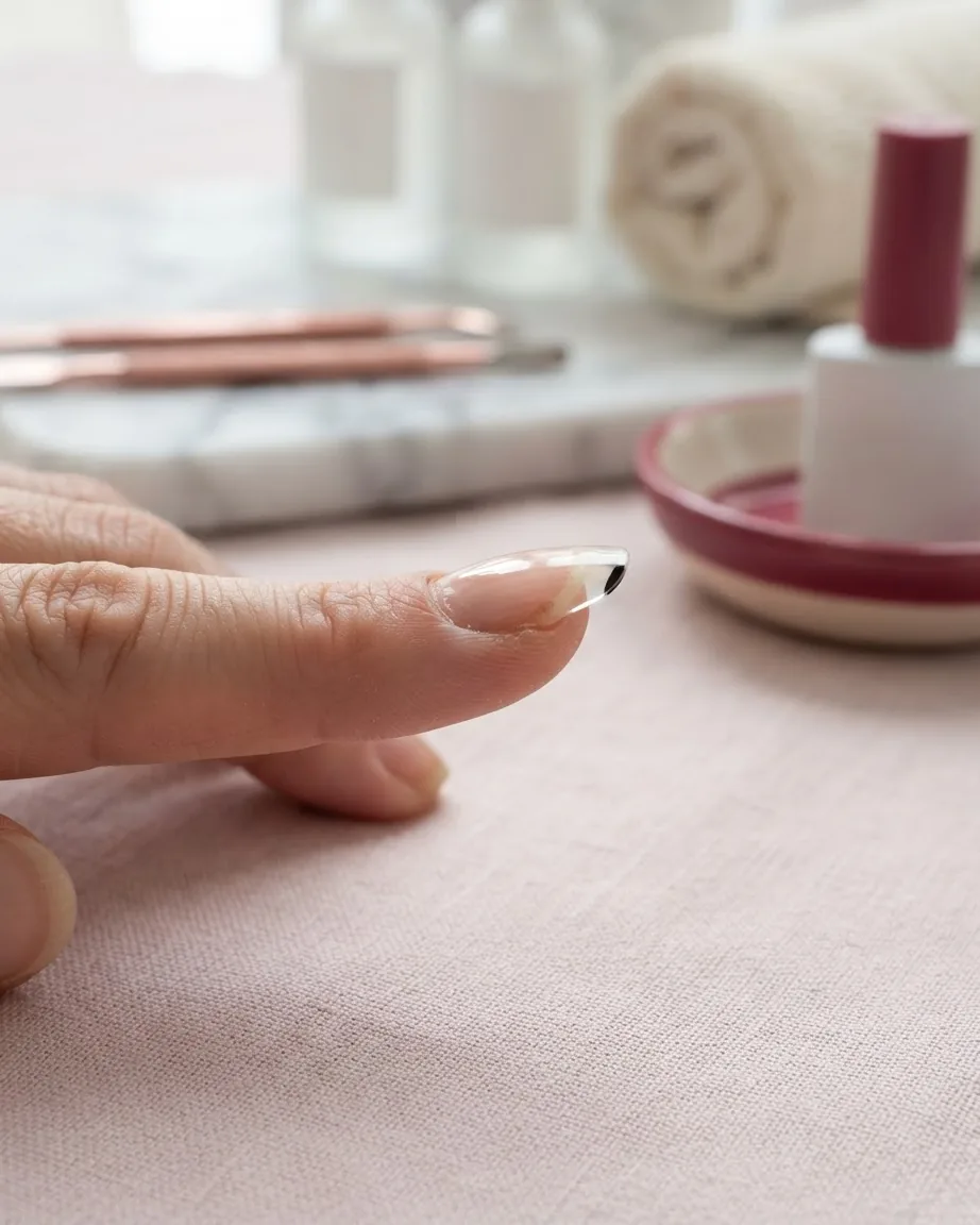 Close-up of a finger with a glossy acrylic nail tip showing a lifted edge and separation near the tip.