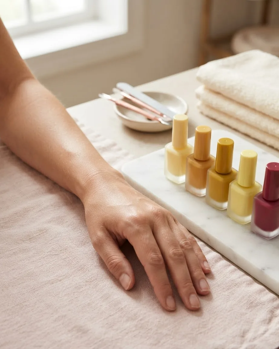 Forearm and hand rest beside several yellow nail polish bottles in soft natural light.