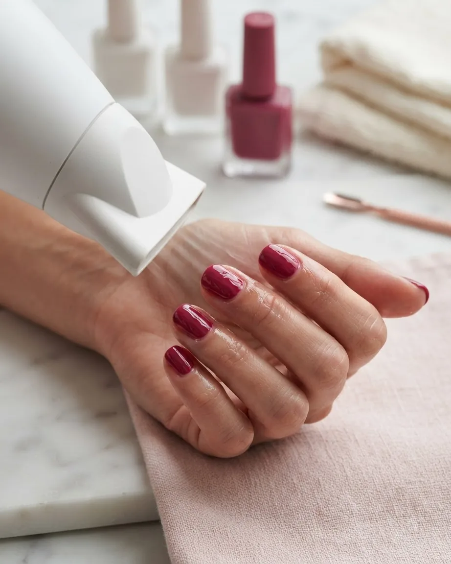 A white hairdryer points toward a hand with glossy burgundy-painted nails beside nail polish bottles and a pink towel.