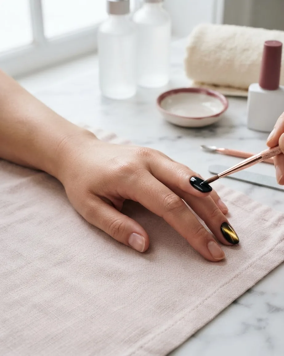 A manicure brush applies black polish to a fingernail beside a glossy black-and-gold cat eye nail.