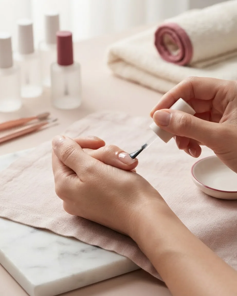 Close-up of hands applying a clear nail coating with a brush to a fingernail on a soft pink towel.